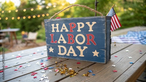Happy labor day rustic sign with patriotic decorations on wooden table