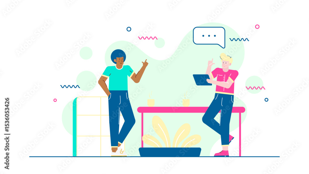 Fototapeta premium Two people chatting by a table with beverages, suitable for lifestyle blogs, socializing concepts, restaurant promotions, or casual gatherings.