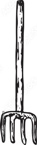 A detailed black-and-white sketch of a pitchfork, symbolizing rural farm labor and agricultural tools in a charming farmer activity illustration