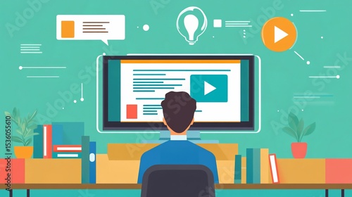 Online learning and education concept with person watching video tutorial