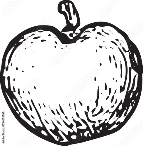 A crisp apple illustrated in black and white, representing fresh farm produce and harvest in a charming rural farmer activity scene