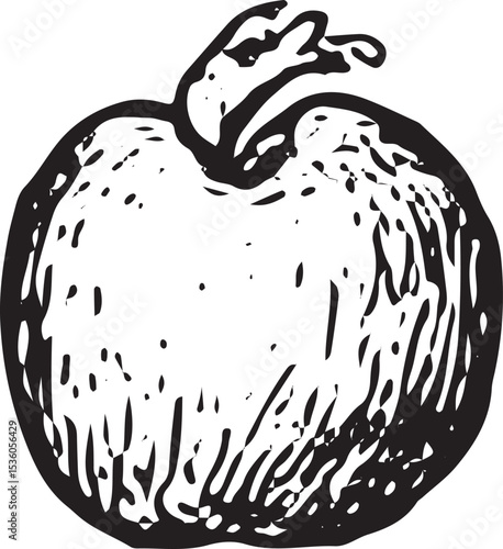 A crisp apple illustrated in black and white, representing fresh farm produce and harvest in a charming rural farmer activity scene