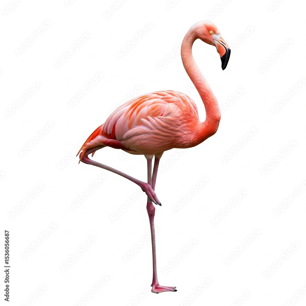 Obraz premium Flamingo Standing on One Leg – Isolated on White Background
