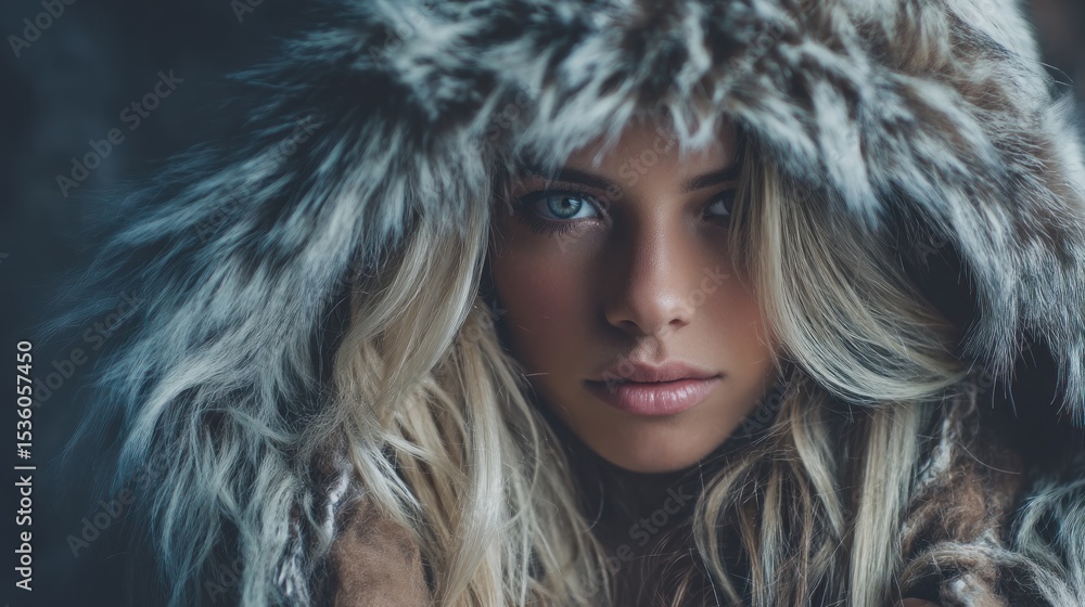 Woman fur hood portrait Woman fur hood portrait