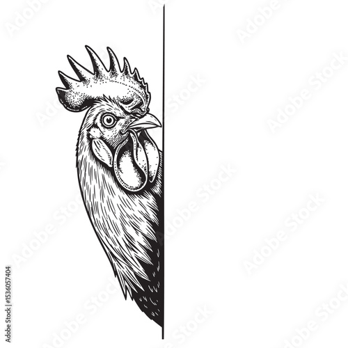 Black and white vector of a curious rooster peeking from the side. Engraved detail in classic farm illustration style. Ideal for logo or sticker use.
