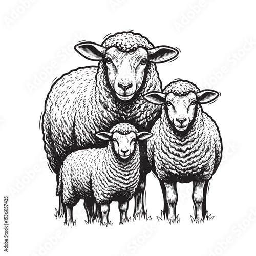 Detailed black and white vector of a sheep family standing together. Ideal for farm animal logos, prints, and rustic livestock designs.