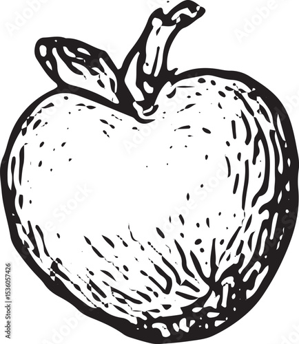 A crisp apple illustrated in black and white, representing fresh farm produce and harvest in a charming rural farmer activity scene