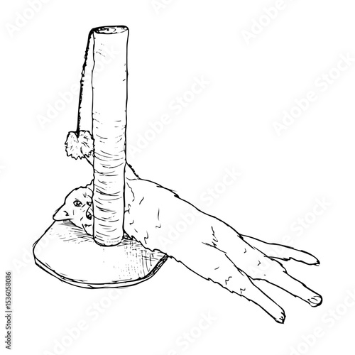 Hand drawn sketch of playing cat. Cat with scratching post isolated on white background.