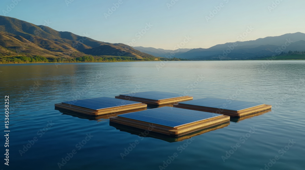 Obraz premium Floating solar panels on calm lake with mountain background, renewable energy, peaceful scene