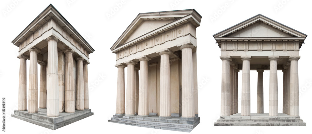 Obraz premium Classical Stone Buildings with Columns on a Transparent Background Showcasing Architectural Design and Historical Details