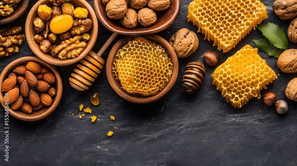 Fototapeta premium Assorted nuts, honeycombs, and honey drizzled on a dark surface.