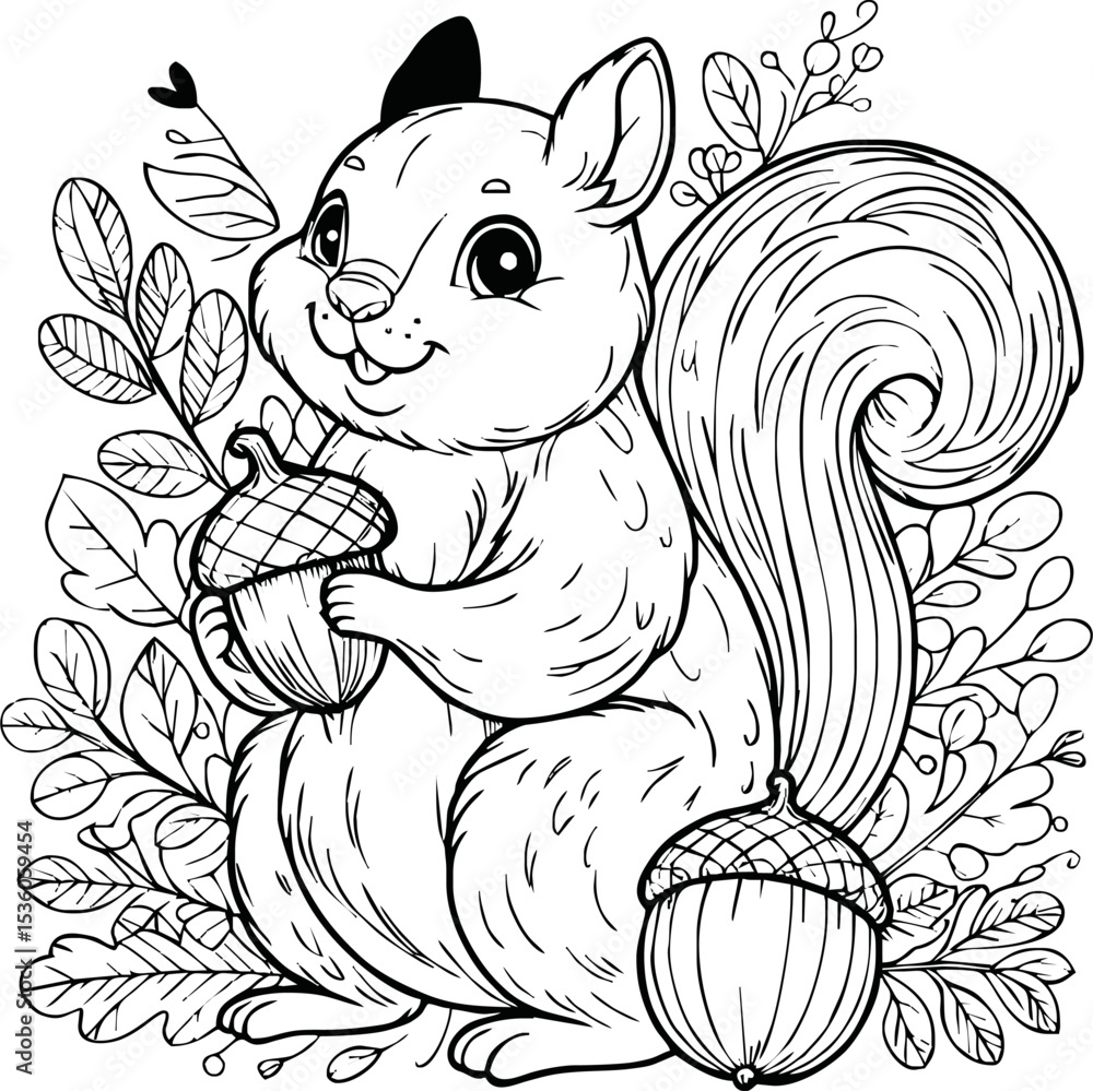 Obraz premium Coloring book Squirrel holding an acorn on white background printable outline vector illustration