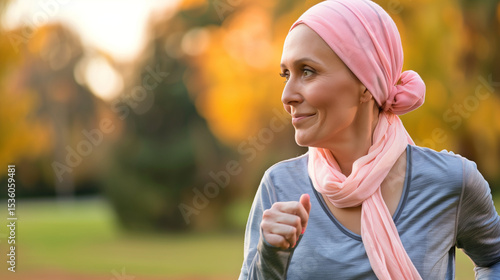 Strong cancer survivor woman jogging in spring park wearing headscarf, surrounded by beautiful cherry blossoms. Resilience, hope and overcoming adversity concept.