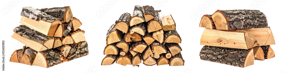 Fototapeta premium Three Stacks Of Firewood With Brown And Beige Tones Against A Clean White Background