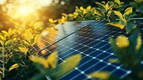 Solar panels glistening among vibrant green leaves during sunset, showcasing renewable energy in nature