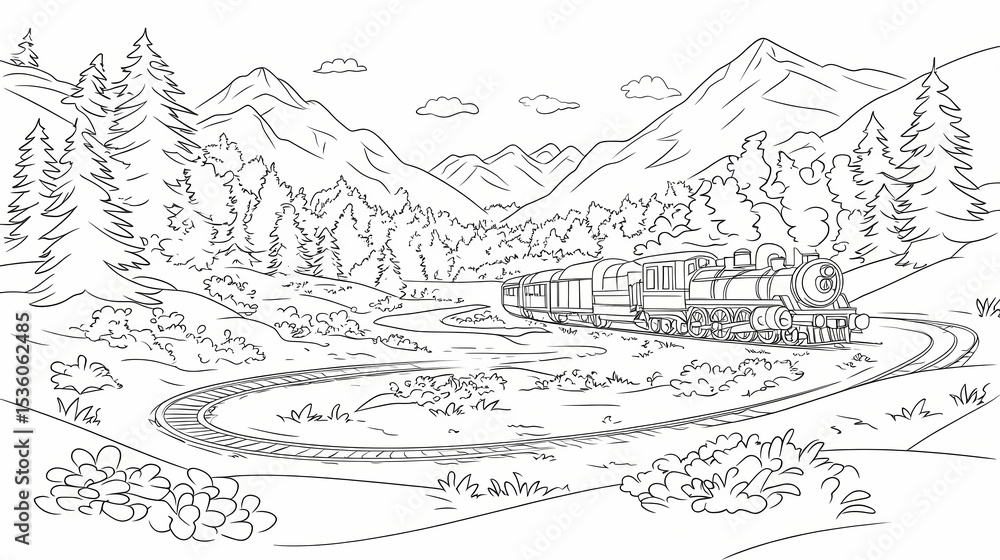 A steam train travels through a mountain landscape. A steam train travels through a mountain landscape.