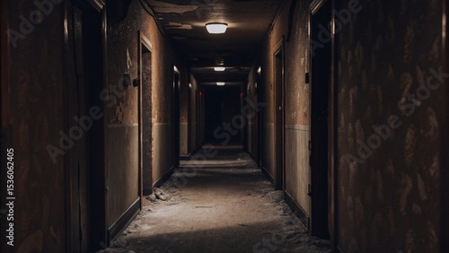 Fototapeta Naklejka Na Ścianę i Meble -  a dark, eerie motel hallway at night, dimly lit by flickering overhead lights
