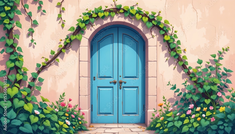 Fototapeta premium high quality, minimalist digital illustration of a blue door with green vines framing it, soft pastel colors and simple shapes.