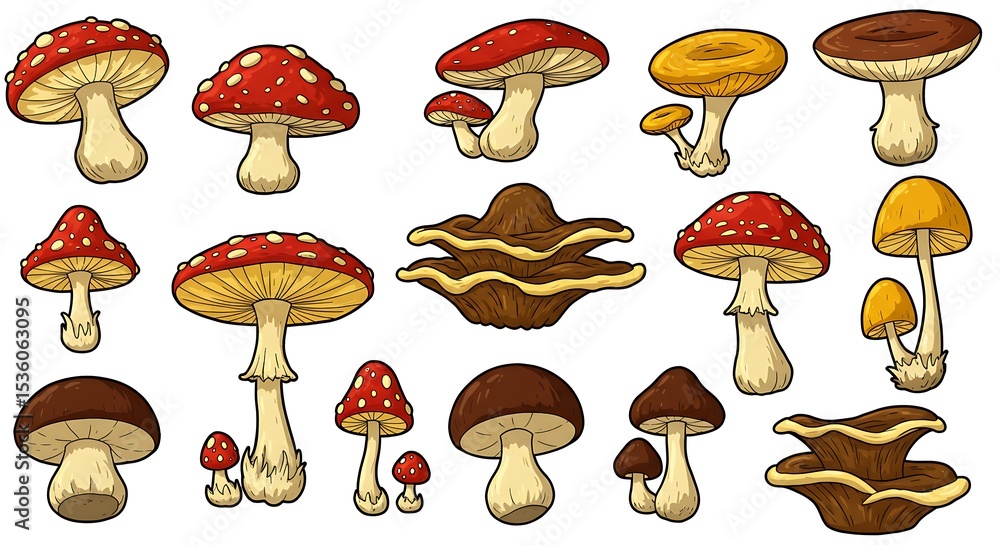 Assorted Mushrooms Cartoon Illustration on White Background Assorted Mushrooms Cartoon Illustration on White Background