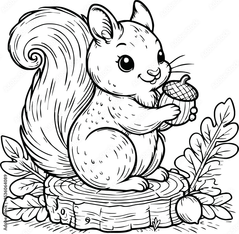 Obraz premium Coloring book Squirrel holding an acorn on white background printable outline vector illustration