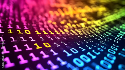 Colorful binary code flowing in a digital landscape, representing data and technology in motion