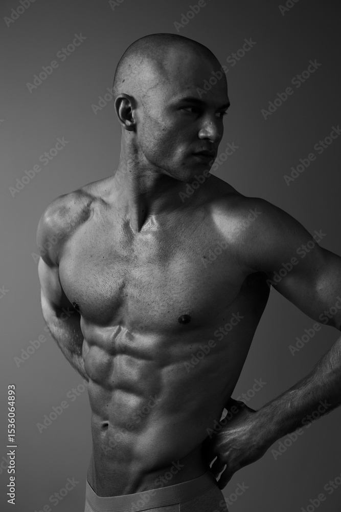 Fototapeta premium Black and white portrait of a muscular man showcasing strength, confidence, and determination through a powerful expression and dynamic pose.