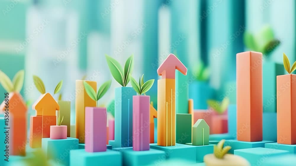 Colorful 3D bar graphs with growing plants symbolize business growth and sustainability in a modern city Colorful 3D bar graphs with growing plants symbolize business growth and sustainability in a modern city
