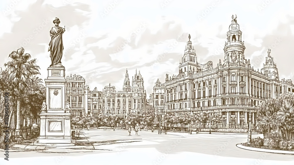 Obraz premium Hand-drawn illustration of a city square with a monument and buildings.