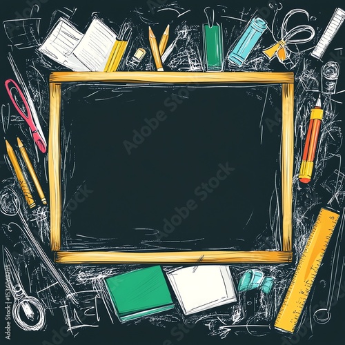 Back to school chalkboard with stationery