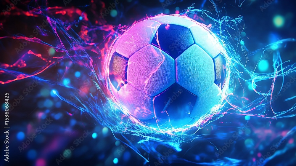 Naklejka premium A soccer ball surrounded by a vibrant energy field with flowing lines and glowing dots