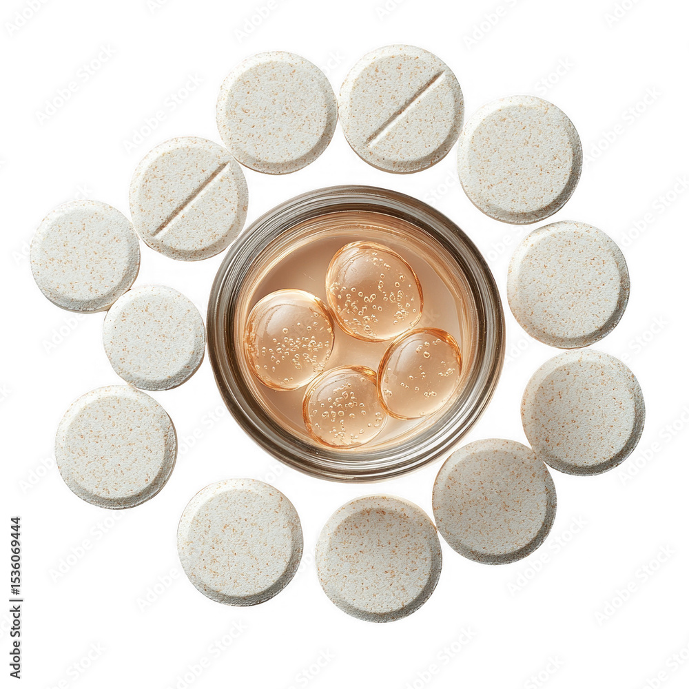 Top view of supplements pills and capsules vitamins for health and wellness on black background on transparent background Top view of supplements pills and capsules vitamins for health and wellness on black background on transparent background