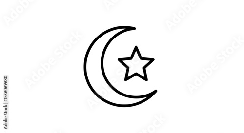 Crescent Moon and Star Icon Simple Line Art Design - Line Art Vector