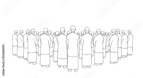 Congregation of Men in Traditional Attire Viewed from Behind - Line Art Vector