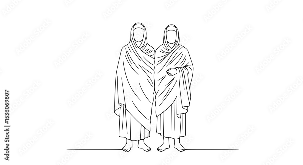Obraz premium Line Art Depiction of Two Women in Ihram Garb for Hajj Pilgrimage - Line Art Vector