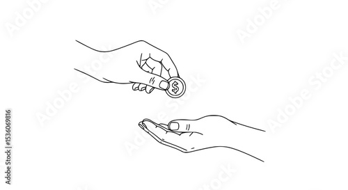 Line art illustration of a hand giving a dollar coin to another hand - Line Art Vector