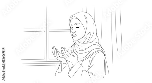 Line art of a Muslim woman in hijab praying near a window - Line Art Vector