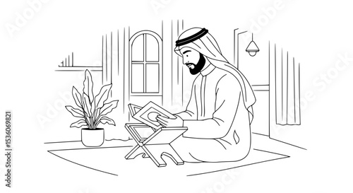 Line art of a man in traditional dress reading a book indoors - Line Art Vector