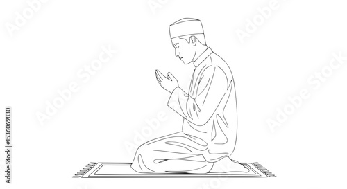 Muslim Man in Prayerful Pose on Prayer Mat - Line Art Vector
