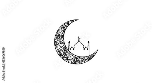 Ornate Crescent Moon with Mosque Silhouette Design - Line Art Vector