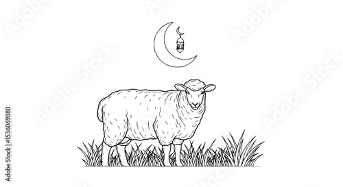 Simple Line Art Illustration of a Sheep in a Field with Crescent Moon and Lantern - Line Art Vector