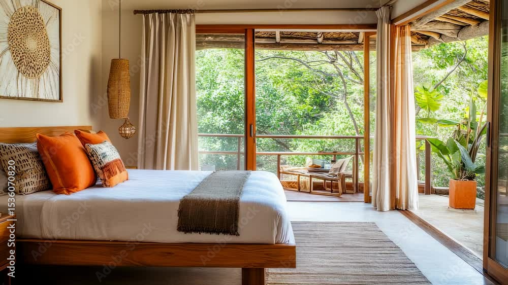 serene bedroom retreat with a tropical view, featuring natural light, wooden accents, and inviting outdoor balcony, offering a peaceful escape serene bedroom retreat with a tropical view, featuring natural light, wooden accents, and inviting outdoor balcony, offering a peaceful escape