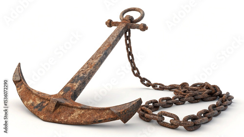 Realistic 3d render of a weathered and rusted vintage anchor and chain on white background symbolizing strength security and navigation