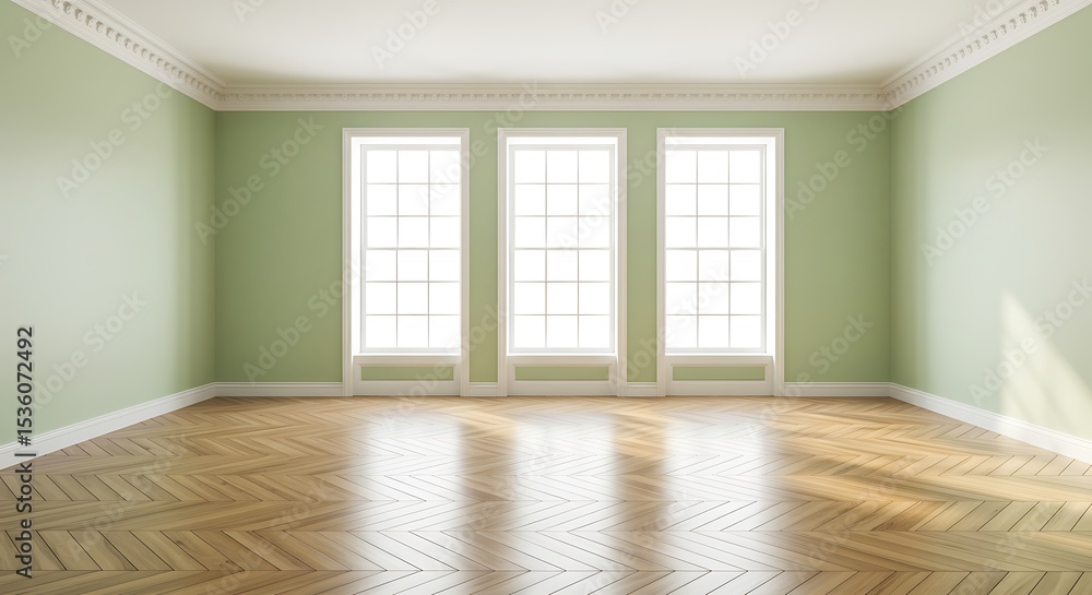 Obraz premium Light Green Room with a White Ceiling and Cornice, Glossy Herringbone Parquet Floor, Three Large Windows and a White Plinth