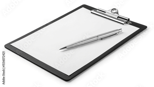 Black clipboard with blank white paper and a silver pen ready for business documents and office tasks