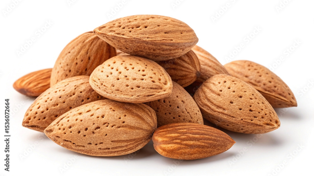 Fresh raw almonds pile on white background healthy nutritious food isolated closeup Fresh raw almonds pile on white background healthy nutritious food isolated closeup