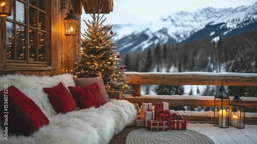 Cozy Christmas cabin porch with snowy mountain view