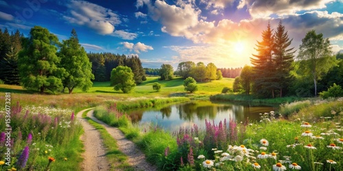 Fototapeta Naklejka Na Ścianę i Meble -  Serene Sunset Over a Picturesque Pond with Winding Path and Blooming Meadows