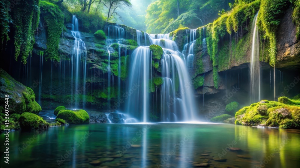 Obraz premium Serene Waterfall Cascading Through Lush Green Mossy Cliffs into a Tranquil Pool Reflecting the Sunlight