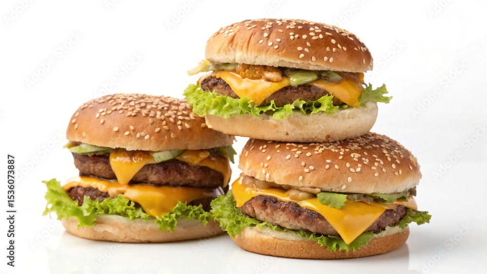 Delicious gourmet cheeseburgers stacked high on a white background showcase fresh ingredients and texture Delicious gourmet cheeseburgers stacked high on a white background showcase fresh ingredients and texture