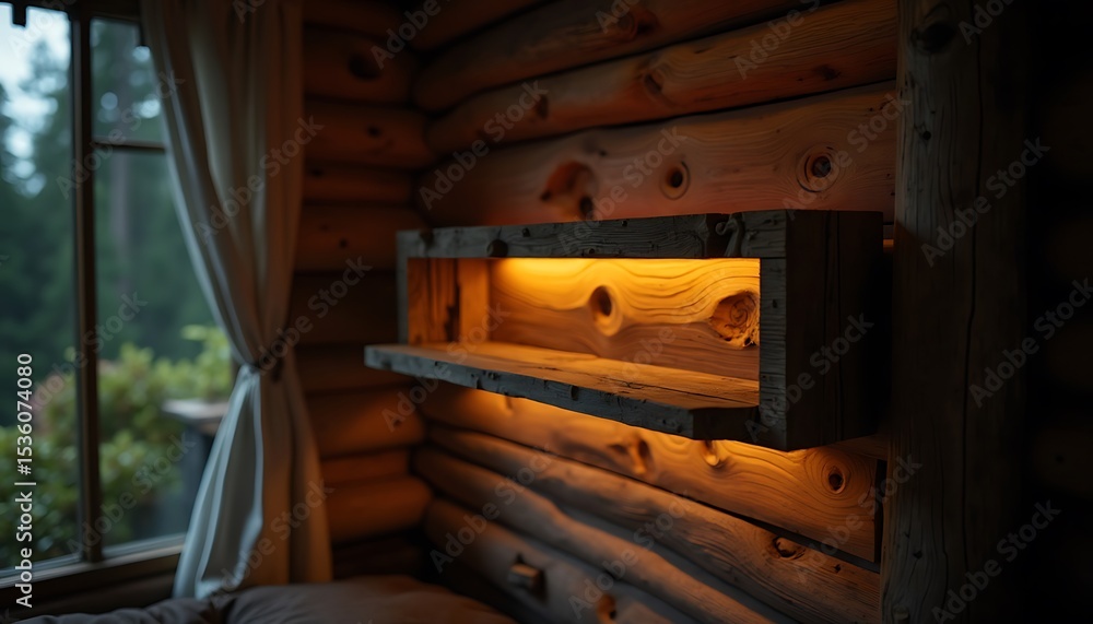 Obraz premium Rustic wooden log cabin interior with illuminated wood shelf near window